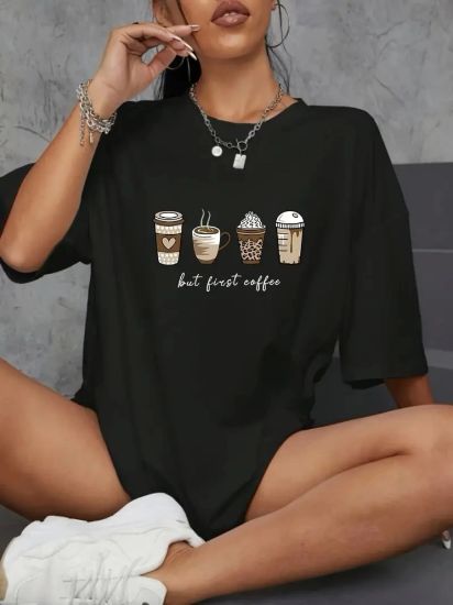 Baskılı Oversize Bisiklet Yaka T-shirt - Siyah resmi